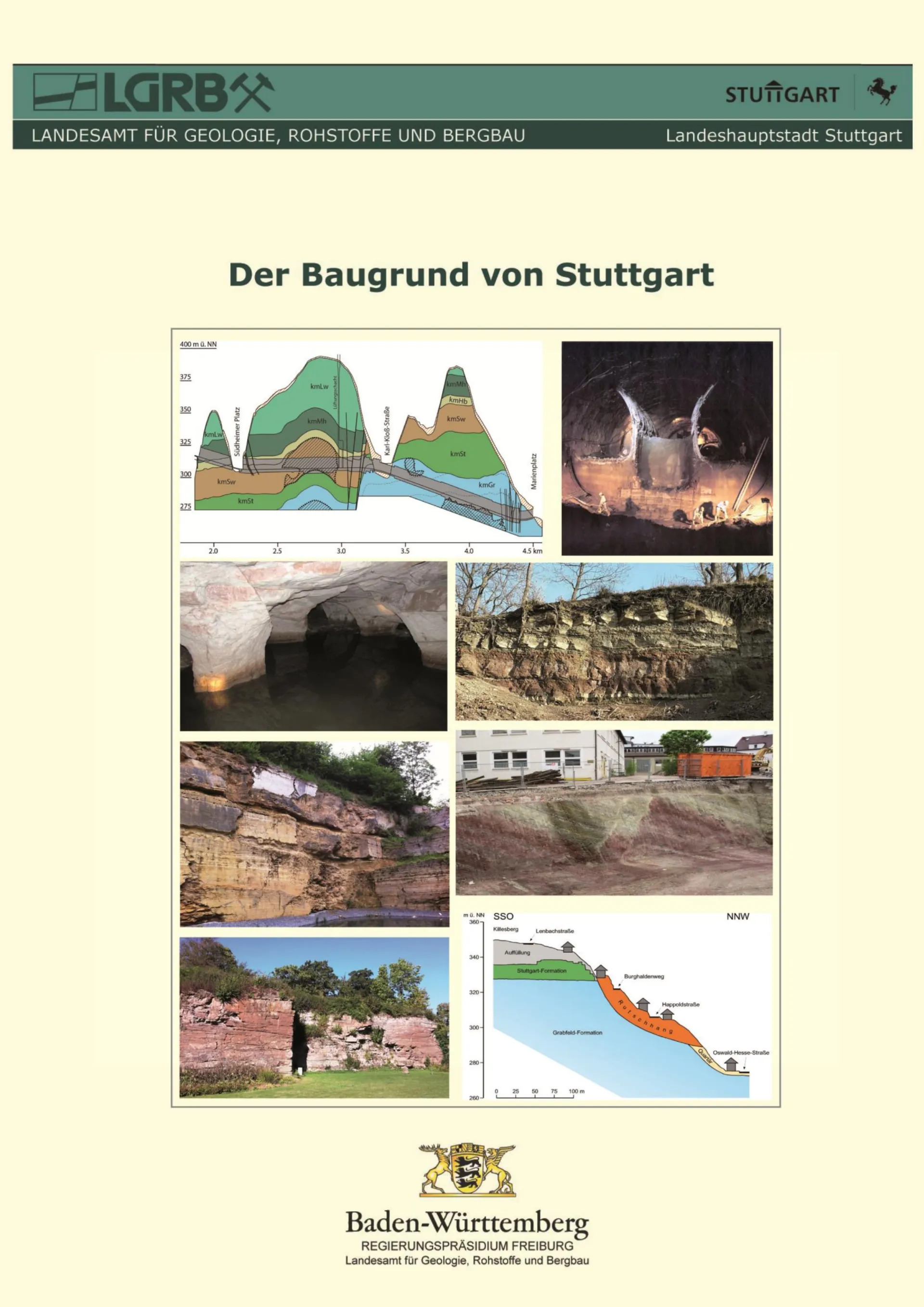 Deckblatt des Erläuterungsbands der Baugrundkarte Stuttgart. Auf blassgelbem Hintergrund sind mehrere Fotos zu Gesteinsaufschlüssen oder Grafiken von geologischen Längschnitten in einer Collage angeordnet.