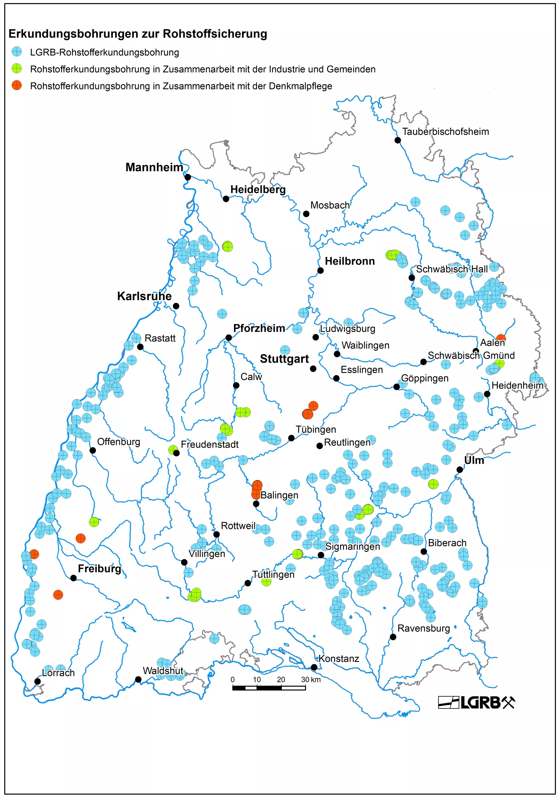 Karte von Baden-Württemberg mit Punkten, welche Erkundungsbohrungen des LGRB und in Zusammenarbeit mit der Industrie, Gemeinden und der Denkmalpflege repräsentieren.