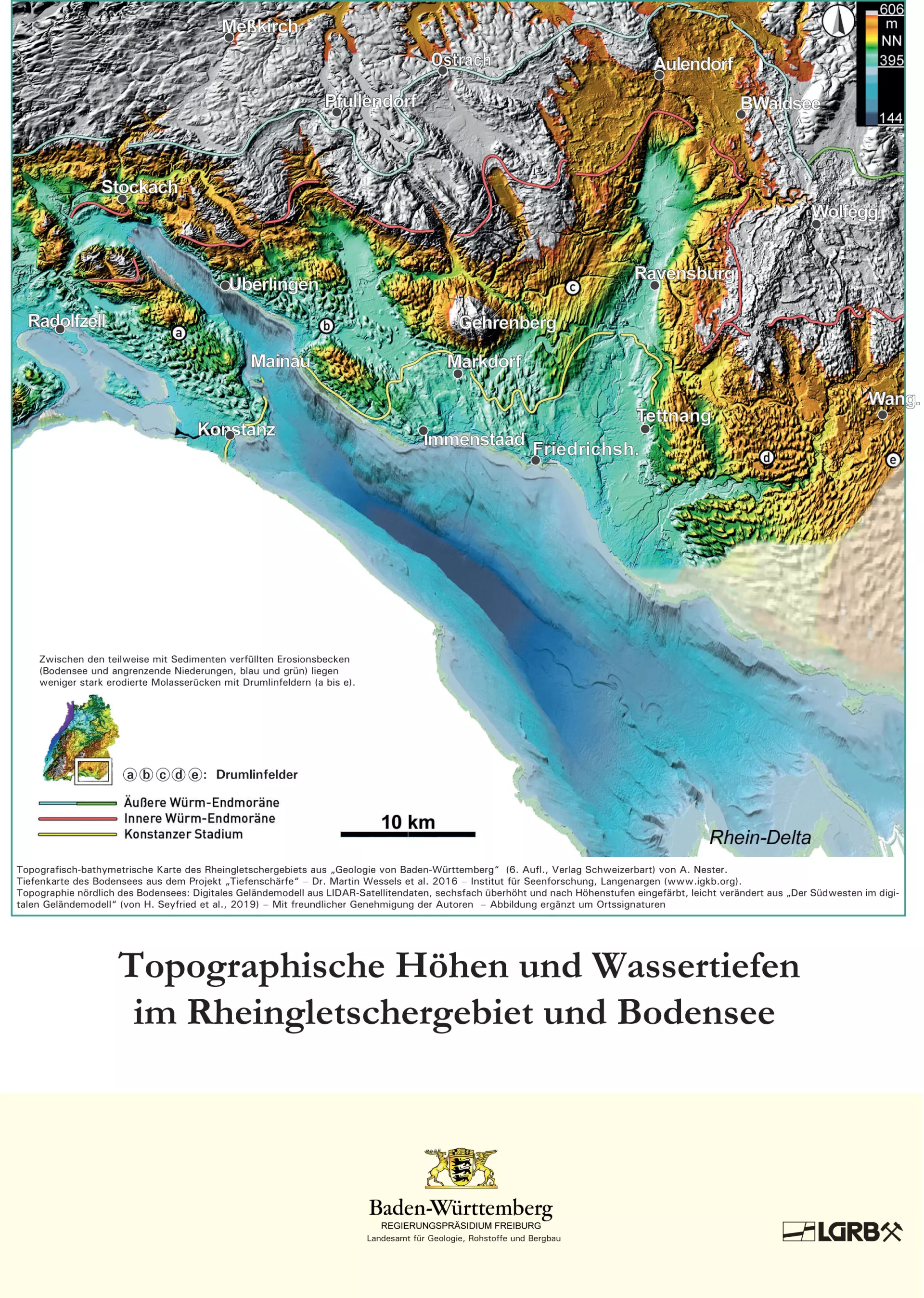 Dargestellt ist das Poster des LGRB zur Gartenschau in Wangen. Eine Karte zeigt farbig die Höhenlagen im Rheingletschergebiet, die Wassertiefen des Bodensees und den Verlauf der Endmoränen.