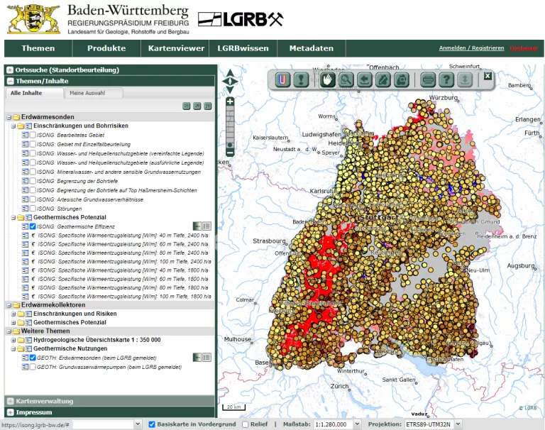 Karte von Baden-Württemberg aus dem System ISONG, welche die Verteilung von Erdwärmebohrungen durch farbige Punkte anzeigt