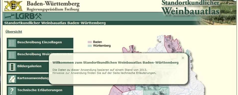 Screenshot der Anwendung Weinbauatlas B-W; links Menu, rechts Karte